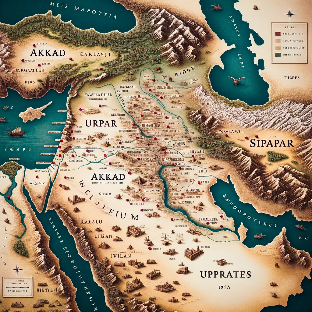 Photo map of the ancient Akkadian Empire with labeled cities such as Akkad, Uruk, and Sippar, highlighting the territory it encompassed in Mesopotamia between the Tigris and Euphrates rivers.